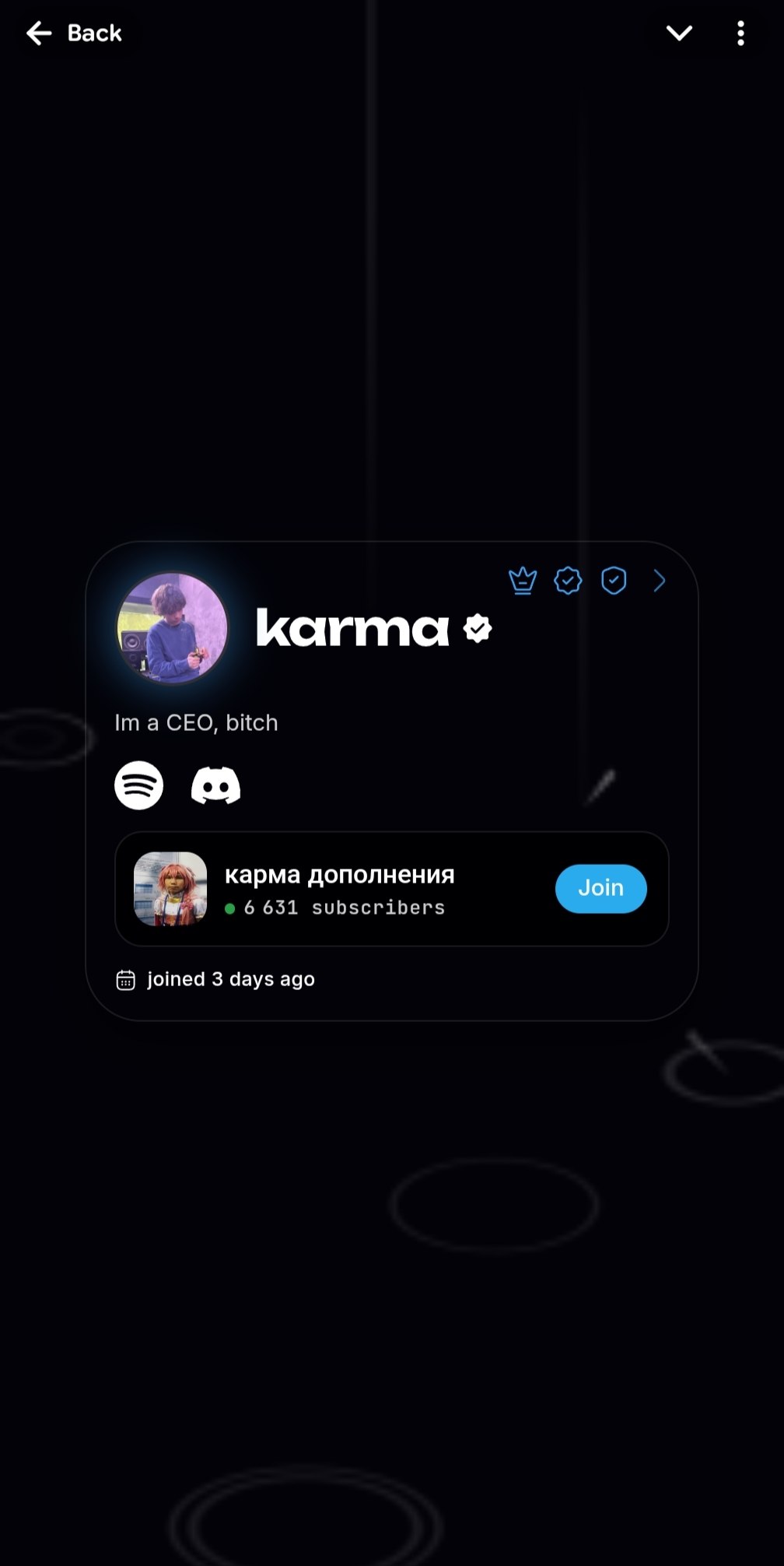 A fame.tg bio page open inside Telegram: avatar, name with badges, links and a channel card with a Join button